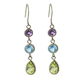 10k Yellow Gold Blue Topaz, Amethyst & Peridot Bezel Set Dangle Earrings