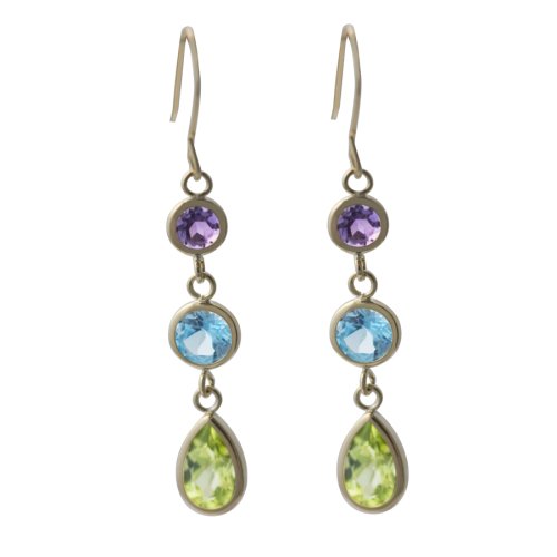10k Yellow Gold Blue Topaz, Amethyst & Peridot Bezel Set Dangle Earrings