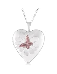 Heart Shaped Butterfly Design Pendant Locket w/ Flower Sterling Silver