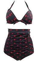 Cocoship Retro Red Leopard Polka Floral Print High Waist Bikini Swimsuits(FBA)