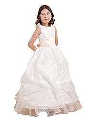 Girls A-line Scoop Neck Taffeta Natural   Waistline Lace  Floor Length Flower-Girl Dress  With Ruffles