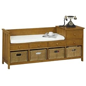 Gossip Bench with wicker Baskets 60w Off - wht Ct Honey, 60W OFF-WHT CT, HONEY