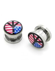 Jewelry: 2 Flesh Tunnel Ear Plug Piercing 4 Gauge-5 mm Stainless Steel Flag USA Stars and Stripes Peace Sign - Lavida