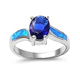 Rhodium Plated Sterling Silver Wedding & Engagement Ring Blue Opal, Blue Sapphire Prong Set Ring 9MM ( Size 5 to 10)