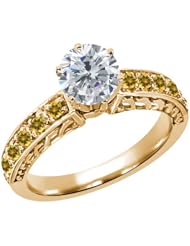 1.24 Ct Round H/I Diamond Yellow Citrine 925 Yellow Gold Plated Silver Ring