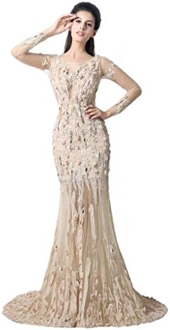 ZAHY Women's Champagne Crew Neckline Mermaid Evening Prom Gowns US14