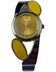 BestOfferBuy Women Stylish Leaf Rhinestone Metal Bangle Bracelet Wrist Watch Yellow