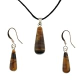 Tiger Eye Tear Drop Pendant and Earring Set - Pendant (8x20mm), Earrings (6x17mm) - Adjustable Cord Necklace