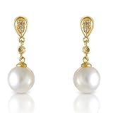 9ct Yellow Gold Diamond And Cultured Pearl Drop Earrings