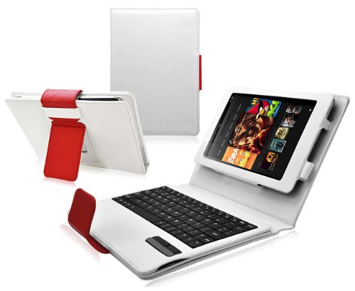 Ionic Bluetooth Keyboard Android Tablet Stand Leather Case Cover Fits Latest Generation Amazon Kindle Fire HD7 HD 7 inch Android Tablet (2nd gen) (White/Red)