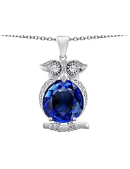 Original Star K (tm) Large 10mm Round Created Sapphire Good Luck Owl Pendant in 925 Sterling Silver