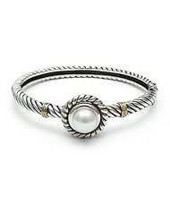 Sterling Silver Antique Style Twisted Rope Hinged Bracelet with White Freshwater Pearl Center, 14K Yellow Gold and Diamond Accents