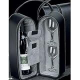 Black Leather Wine Carrier Caddy Bag w/ Two Glasses Set