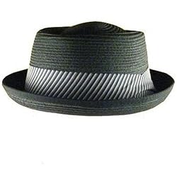 New Braid Upturn Brim Stripe Wide Band Porkpie Hat Black Medium