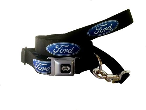 Seatbelt Buckle Leash and Collar Sets Featuring Car Badge Emblems Automotive Logo (Ford Logo, Regular Width (1") for Medium Neck (11"-17"))