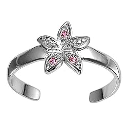 Sterling Silver Fashion Toe Ring - Flower with Clear and Pink CZ - 2mm Band Width