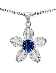 Candygem 925 Sterling Silver Created Round Sapphire Flower Pendant