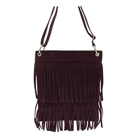 Plum North South Faux Suede Fringe Bag