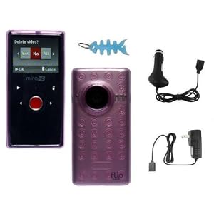 Flip MinoHD 120 Minutes Camcorder (2nd Generation) TPU Rubberized Skin Case Cover (Pink) + Home/Travel Charger + Car Charger + Fishbone Style Keychain