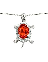 Original Star K (tm) Good Luck Turtle Pendant With Oval 12x10mm Simulated Mexican Fire Opal in .925 Sterling Silver