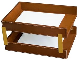Rustic Genuine Leather Executive Double Front-Load Tray, Legal Size, Brown