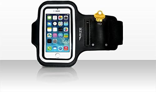 Brilliant sports arm band for iPhone 5/5C/5S and iPod Touch 5th Gen Deep Black with reflective stripe.   ★ BONUS ITEM Quality Ear-buds with Volume Control and Microphone ★  Rize online armbands are tailored for Running, Jogging, Exercise or the Gym - Unisex and fit the arm of Men and Women. Neoprene, Water Resistant, Strong Armband with Velcro Strap and Pocket for your Key.