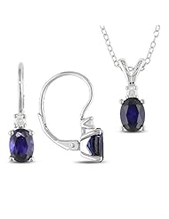 Sterling Silver Created Sapphire and Accent Diamond Earring and Pendant Set (0.15 Cttw, G-H Color, I3 Clarity)