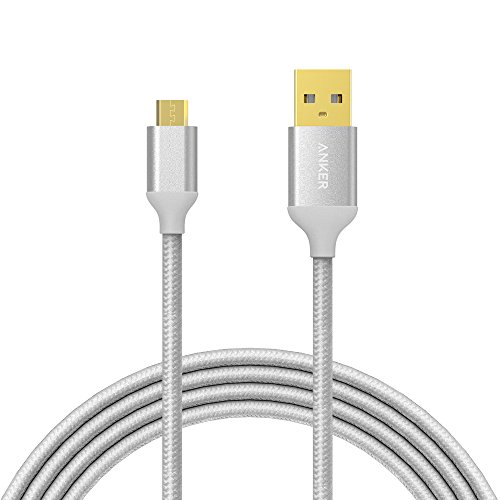 Anker 6ft/1.8m Nylon Braided Tangle-Free Micro USB Cable with Gold-Plated Connectors for Android, Samsung, HTC, Nokia, Sony and More (Silver)