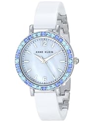 Anne Klein Womens AK/1443BLWT Blue Swarovski Crystal Accented White Ceramic Bangle Watch
