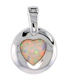 Sterling Silver Synthetic Opal Heart Pendant, Inlaid w/ Pink Lab Opal, 1/2 inch (12 mm) Diameter,