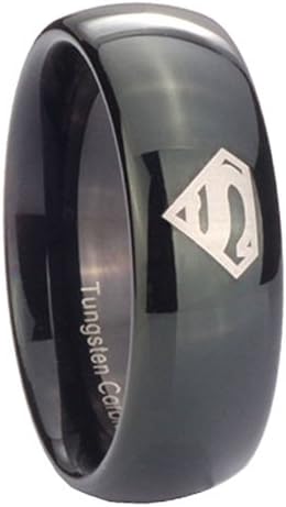 8MM Tungsten Carbide Superman Shiny Black Dome Engraved Ring Size 13
