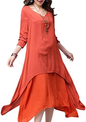 CDCLOTH Women's Fake Two Loose Cotton &amp; Linen Long-sleeved Dress Wine Red