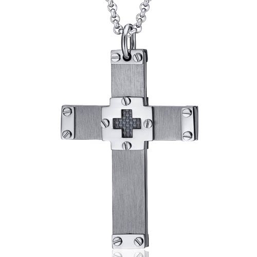 Heavy Duty Riveted Carbon Fiber Stainless Steel Cross Pendant Necklace for Men