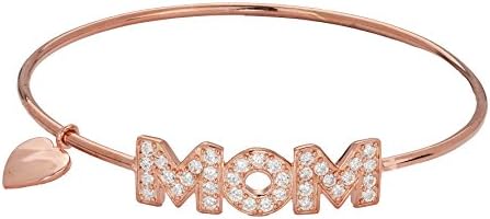 Queen Jewelers Rose Golod Over Silver Cubic Zirconia MOM Bangle Bracelet with Dangling Heart