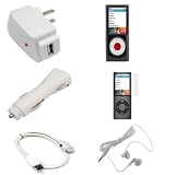 USB Data Hotsync & Charging Cable + USB Car Charger + USB Home Travel Charger + Solid Black Snap On Crystal Cover Case + White Stereo 3.5mm Headset + Clear Reusable LCD Screen Protector for Apple Nano Chromatic 8GB 16GB 4th 4G Generation