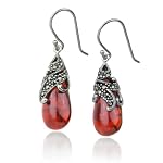 Sterling Silver Marcasite & Garnet-Colored Glass Teardrop Earrings 