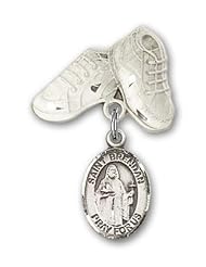 Sterling Silver Baby Badge with St. Brendan the Navigator (Patron Saint of Sailors & Mariners) Charm and Baby Boots Pin