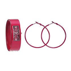 New Women's Cherry Red Alloy Metal Bangle Watch with Matching Cherry Red Earrings Gift Set