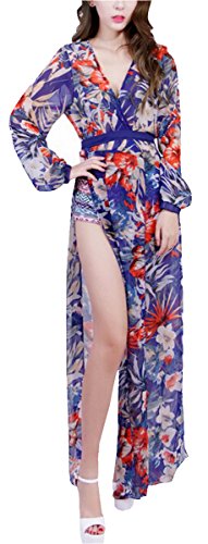 UGET Women's Bohemian Deep V-Neck Printed High Split Maxi Beach Dress