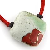 Pastel Red And Gold Painted Lotus Ceramic Diamond Pendant With Coco Brown And Ruby Red Satin Ribbon Adjustable Necklace