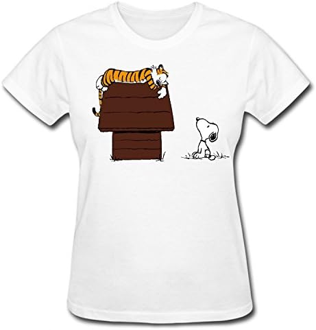 WOODO Women's Calvin and Hobbes Tiger On Doghouse Snoopy Funny Cartoon Picture T Shirt white S