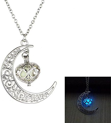 Nummbley Hollow out Olympic Noctilucent Heart Moon Pendant Necklace
