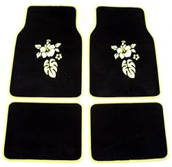 Yellow Black Hibiscus Hawaiian Flower Print Front & Rear Carpet Car Truck SUV Floor Mats
