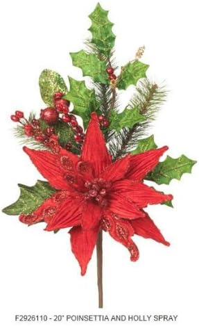 RAZ Imports - Red Poinsettia and Holly Spray 20"
