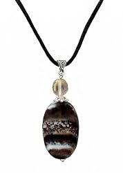 Necklace - N11 - Genuine Semi Precious Gemstone on Black Silky Satin Cord - Oval Shape ~ Black Striped Agate