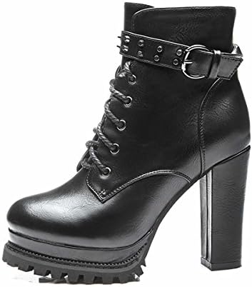 Women's Platform High Heel Single Vintage Martin Ankle Boots Black Leather Shoes EU34