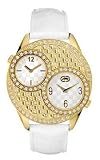 Image of Marc Ecko E13518L1 Ladies Yellow Gold Plated Case, Round, Dual Time Zone, Swarovski Crystals/White Leather Strap