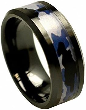 8mm Black Ceramic High Polish Finish Military Blue & Gray Camouflage Inlay Beveled Edge Comfort Fit Wedding Band Engagement Ring for Men & Women Available Sizes (7-15) Including Half Sizes Please Email , Size 6