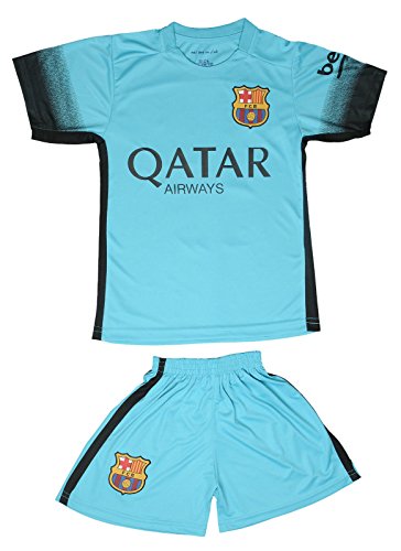 2015/2016 BARCELONA TURQUOISE BLUE MESSI #10 KIDS SOCCER JERSEY & SHORT (XL (Ages 10-11))
