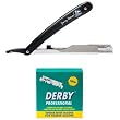 Kit de rasage traditionnel comprenant 100 lames de rasoir Derby professionnelles � simple tranchant et un rasoir droit Shaving Factory!